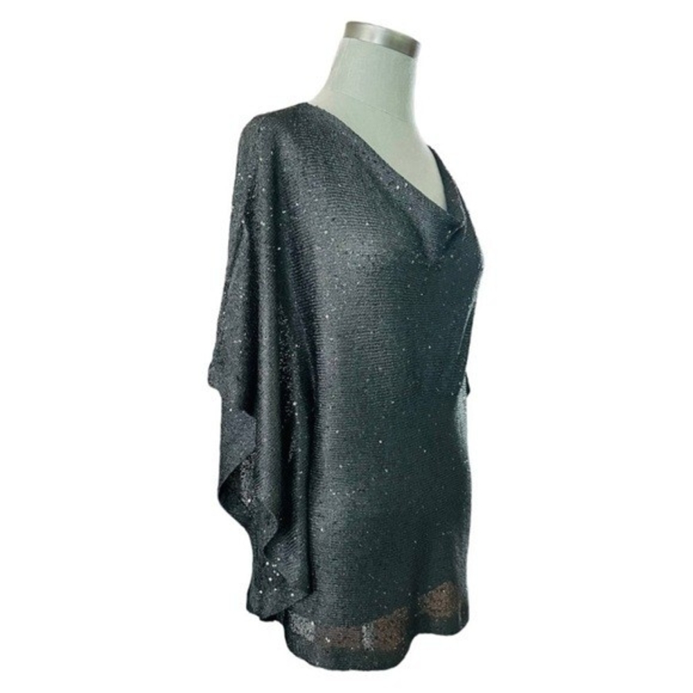 ALFANI Womens Blouse S/M Black Sequin Sparkle Mesh Top Short Sleeve Cowl Neck VG - Picture 4 of 7